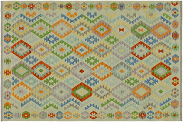 Flat Weave Kilim, Antique, Navaho, Vintage, Handmade, Geometric Kilim Blue Rust Hand-Woven Rectangle 100% Wool Area Rug 6 x 8